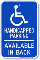 Handicapped Parking, Available In Back Sign