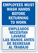 Employees Wash Hands Before Returning Bilingual Sign