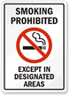 Smoking Prohibited Except In Designated Areas Sign