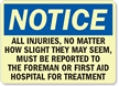 Injuries Must Be Reported To Hospital Sign