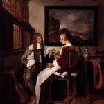 A painting of a man and a woman in conversation.