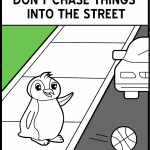 A cartoon penguin watching a ball go across the street with a car in the distance coming.