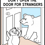 A cartoon penguin frightened after opening the door to a polar bear.