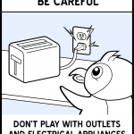 A cartoon penguin about to touch a malfunctioning toaster.