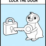 A cartoon penguin holding a giant key locking a giant lock.