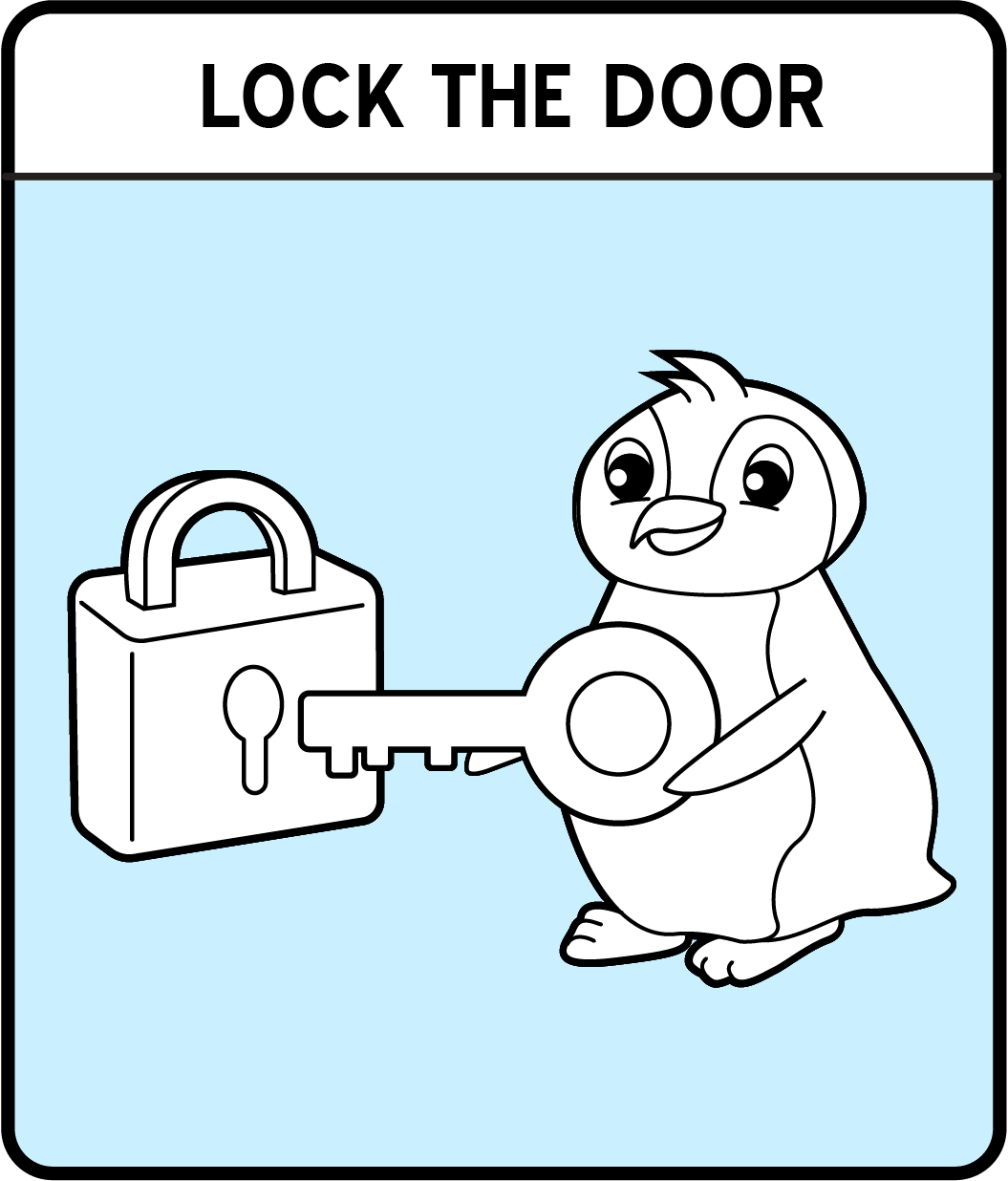 A colorable cartoon penguin holding a giant key locking a giant lock.
