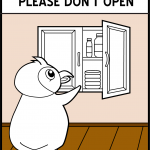 A cartoon penguin opening a cabinet.