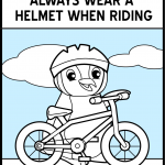 A cartoon penguin wearing a helmet and holding a bike.