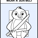 A cartoon penguin with his seatbelt buckled.