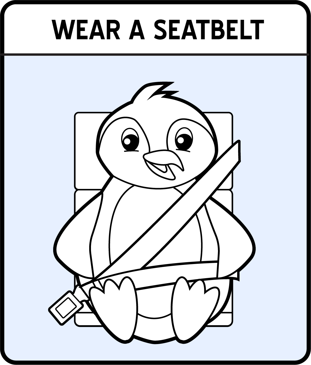 A cartoon penguin with his seatbelt buckled.