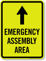 Emergency Assembly Area Ahead Arrow Sign