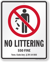 No Littering Tennessee Law Sign