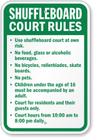 Shuffleboard Court Rules No Food, Beverages Sign