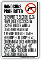 Handguns Prohibited Sign, Texas Section 30.06