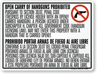 Horizontal Bilingual No Open Carry Sign for Texas