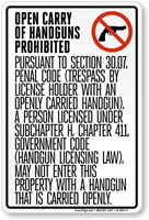 Open Carry of Handguns Prohibited Texas Sign