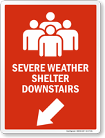 Severe Weather Shelter Downstairs Left Down Arrow Sign