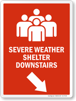 Severe Weather Shelter Downstairs Right Down Arrow Sign