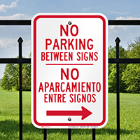 Bilingual No Parking Between Signs, Right Arrow