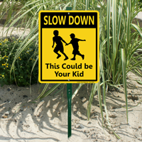 Slow Down Kids Running Lawn Sign
