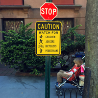 Caution Watch Children, Joggers, Bicyclists, Pedestrians Crossing Sign