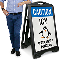 Caution Icy Wall Like A Penguin Sidewalk Sign
