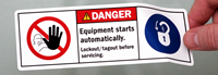 Equipment Starts Automatically Lockout/Tagout Before Servicing Label