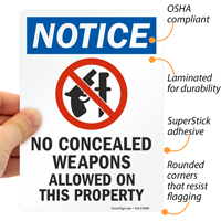 Notice No Concealed Weapons Allowed Sign