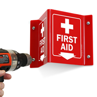 First Aid Red Projecting Sign With Down Arrow
