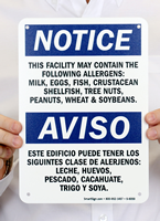Facility Contains Milk, Eggs, Fish, Allergens Bilingual Sign