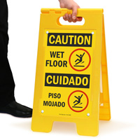 Bilingual Caution Wet Floor, Piso Mojado Standing Sign