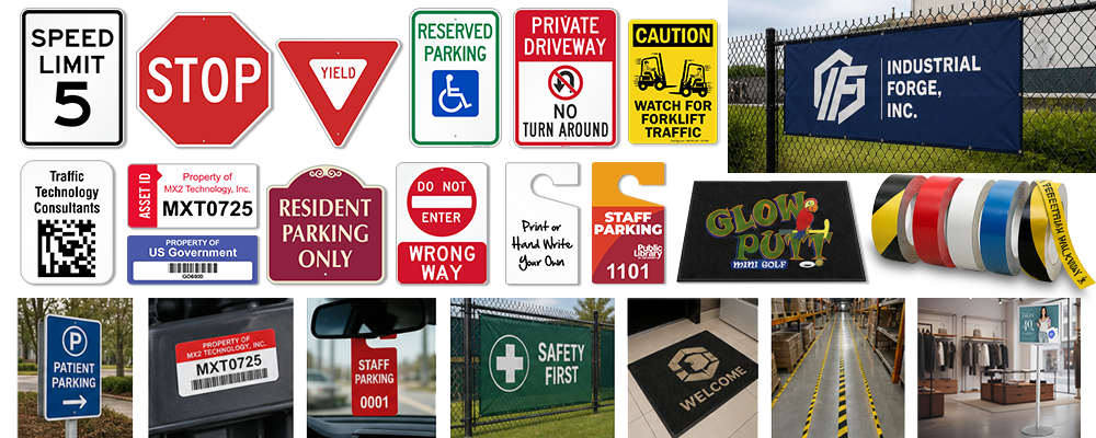 SmartSign product range: custom signs, asset tags, parking permits, fence screens, labels, and floor mats